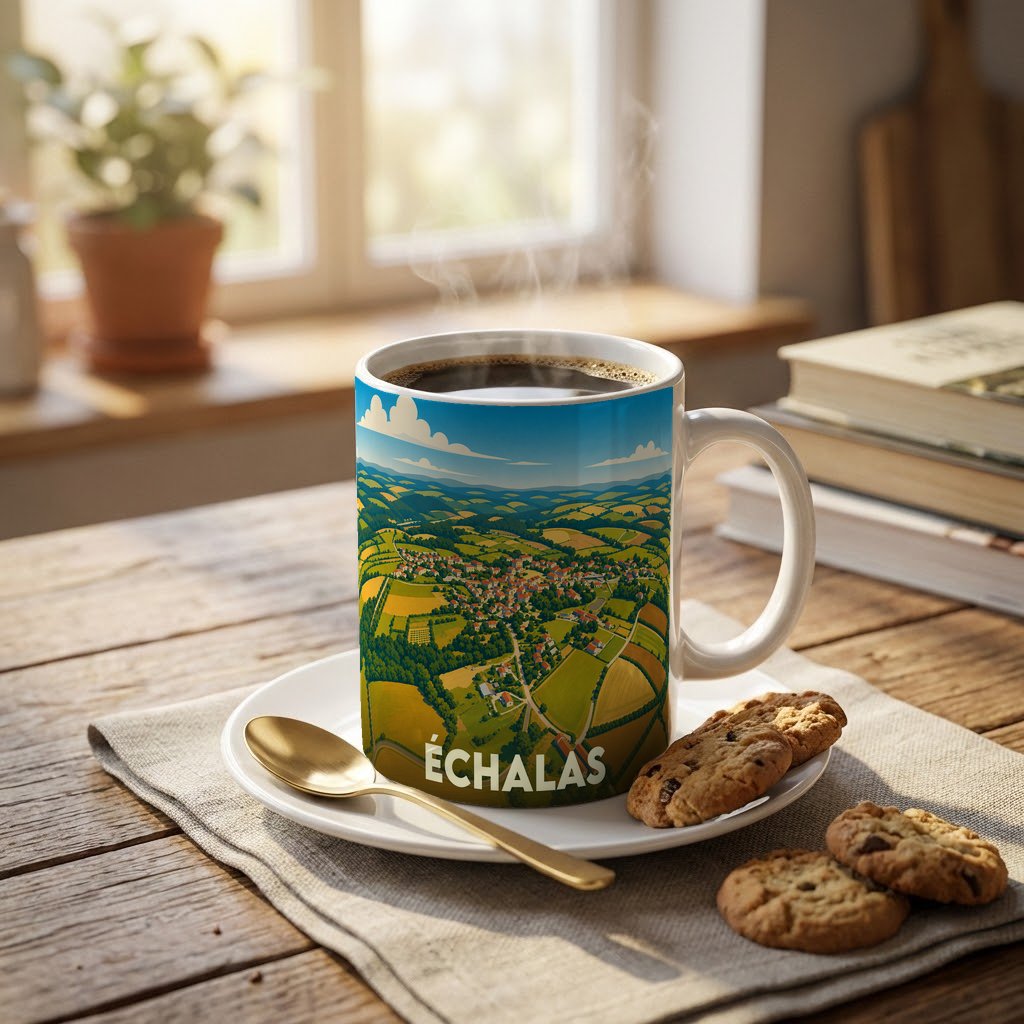 Mug souvenir de la ville d'Échalas avec une illustration stylisée de son paysage rural.