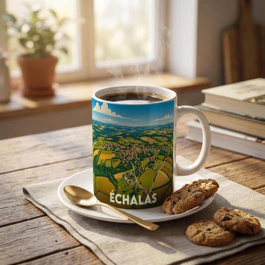 Mug souvenir de la ville d'Échalas avec une illustration stylisée de son paysage rural.