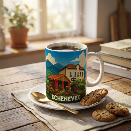Mug souvenir de la ville d'Échenevex avec une illustration stylisée d'un paysage de montagne et de maisons fleuries.