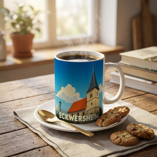 Mug souvenir de la ville de Eckwersheim avec une illustration stylisée d'une église sous un ciel bleu.