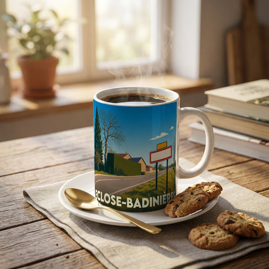 Mug souvenir de la ville d'Eclose-Badinières avec une illustration stylisée d'un paysage rural.