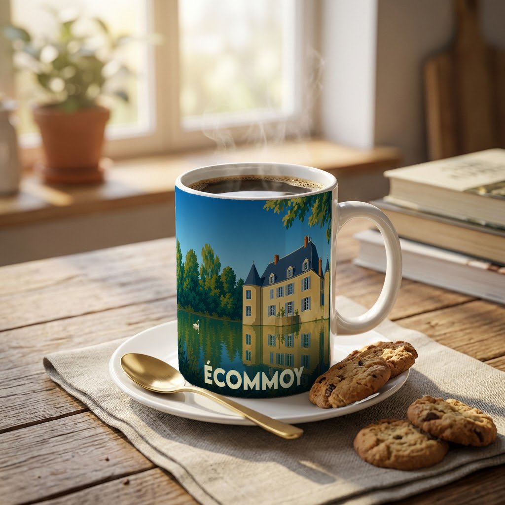 Mug souvenir de la ville d'Écommoy avec une illustration stylisée d'un château au bord de l'eau.