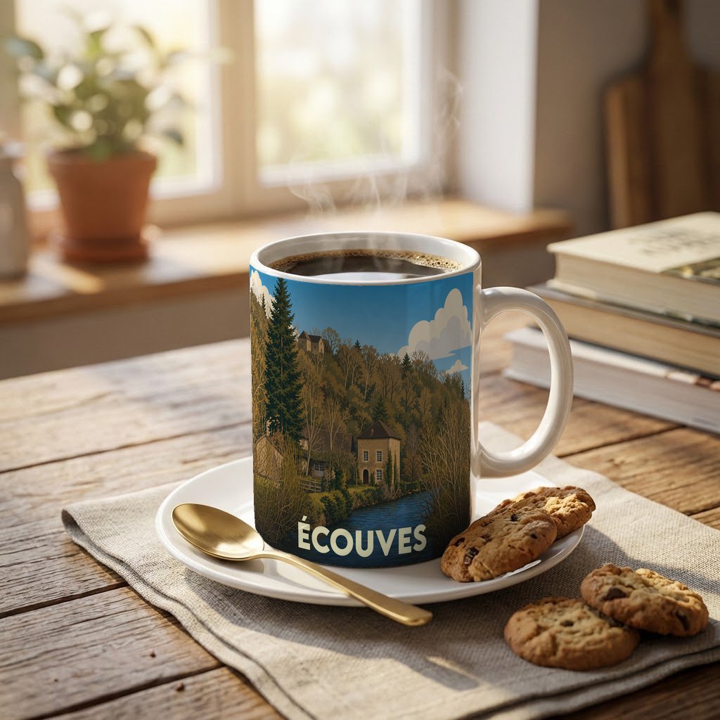 Mug souvenir de la ville d'Écouves illustré d'un paysage forestier stylisé.