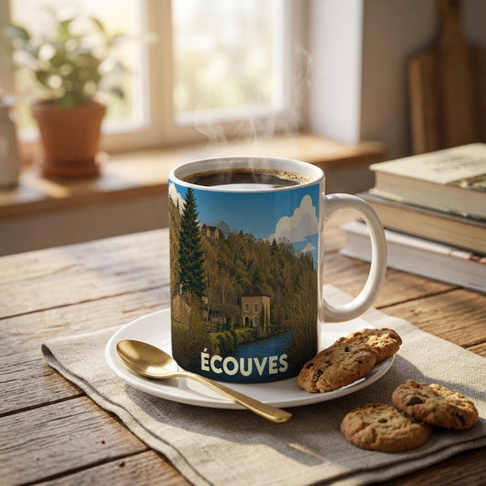 Mug souvenir de la ville d'Écouves illustré d'un paysage forestier stylisé.