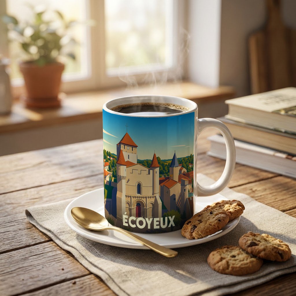 Mug souvenir de la ville d'Écoyeux illustré par un paysage urbain stylisé.