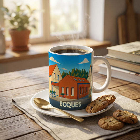 Mug souvenir de la ville de Ecques avec une illustration stylisée et colorée.