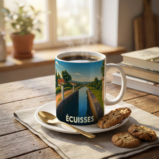 Mug souvenir de la ville d'Écuisses orné d'une illustration stylisée représentant un canal.