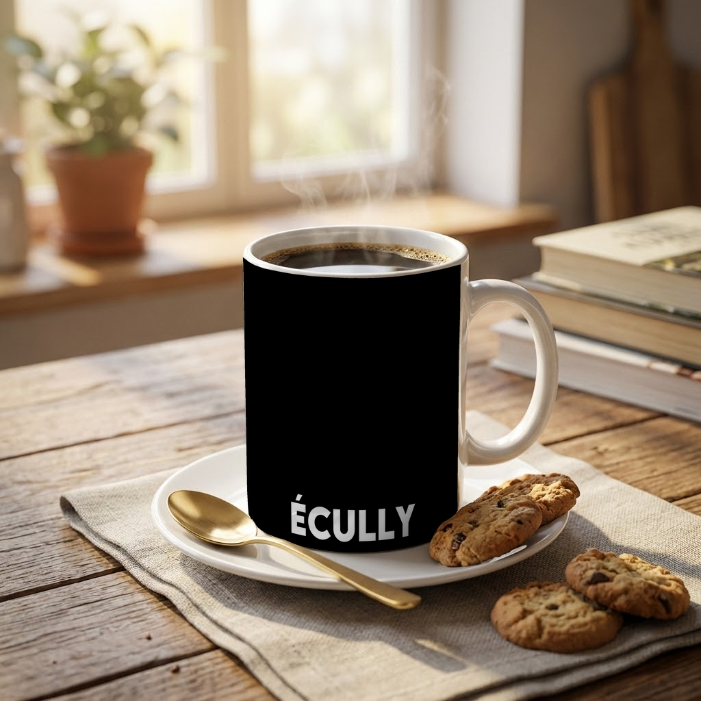 Mug souvenir de la ville d'Écully avec une inscription blanche sur fond noir.