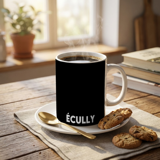 Mug souvenir de la ville d'Écully avec une inscription blanche sur fond noir.