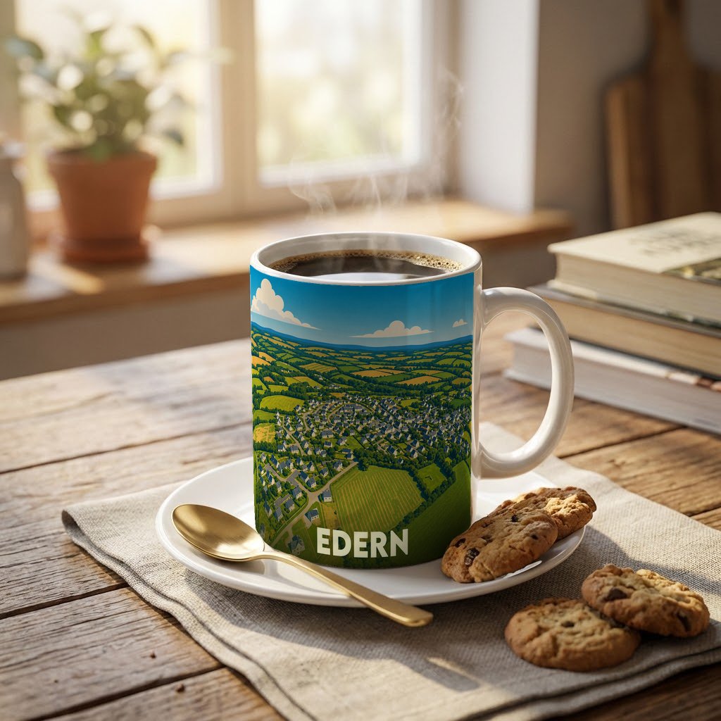 Mug souvenir de la ville de Edern avec une illustration stylisée de son paysage vallonné.