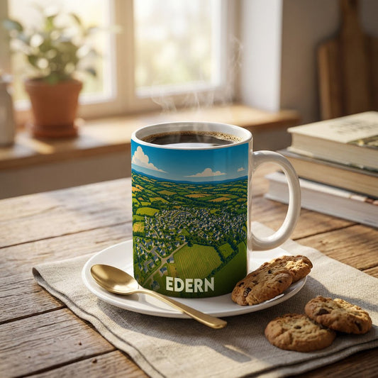 Mug souvenir de la ville de Edern avec une illustration stylisée d'un paysage de campagne.