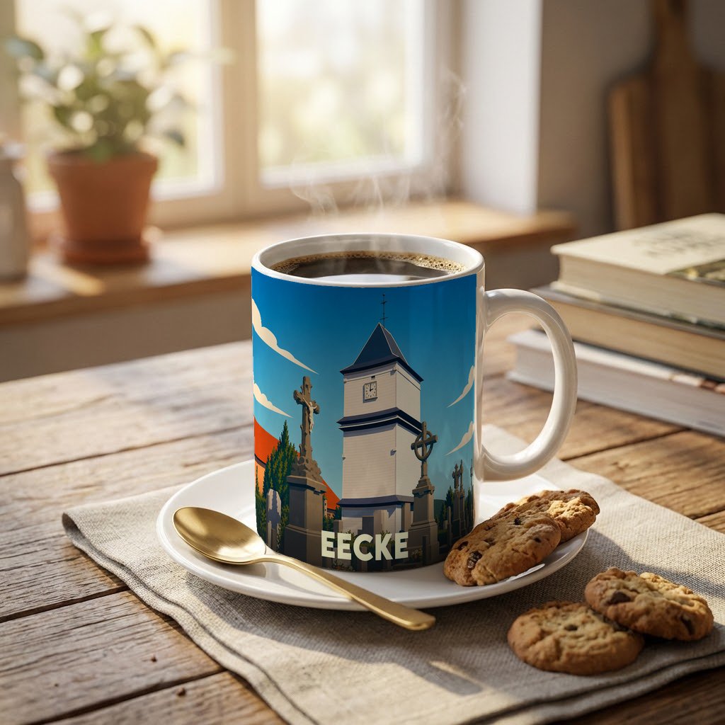 Mug souvenir de la ville de Eecke avec une illustration stylisée de son église et de son cimetière.