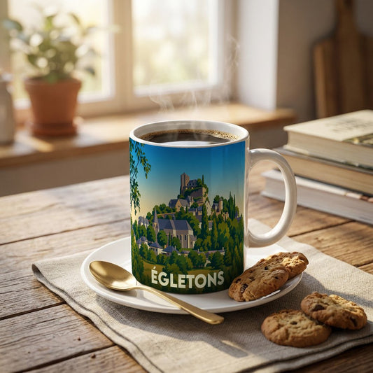 Mug souvenir de la ville d'Égletons arborant une illustration stylisée de sa cité médiévale et de ses paysages verdoyants.
