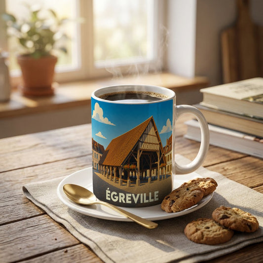 Mug souvenir de la ville d'Égreville illustré d'une halle historique stylisée.