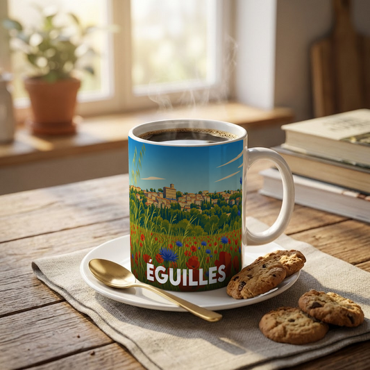 Mug souvenir de la ville d'Éguilles orné d'une illustration paysagère stylisée.