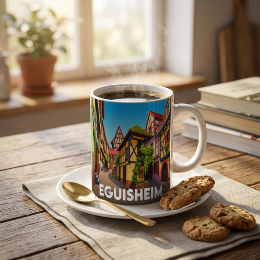 Mug souvenir de la ville d'Eguisheim avec une illustration stylisée de ses maisons typiques.