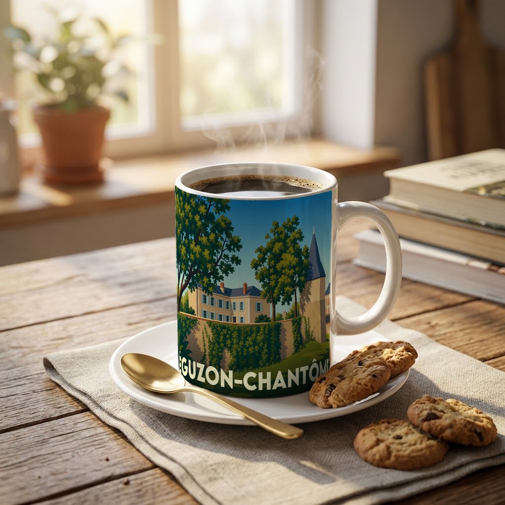 Mug souvenir de la ville d'Éguzon-Chantôme avec une illustration stylisée d'un château et de jardins.