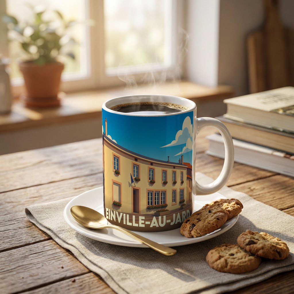 Mug souvenir de la ville d'Einville-au-Jard orné d'une illustration stylisée de ses bâtiments colorés.