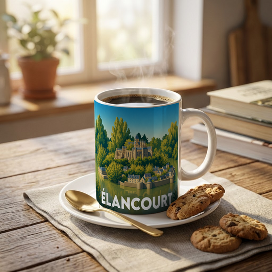 Mug souvenir de la ville d'Élancourt avec une illustration stylisée de son patrimoine entouré de verdure.