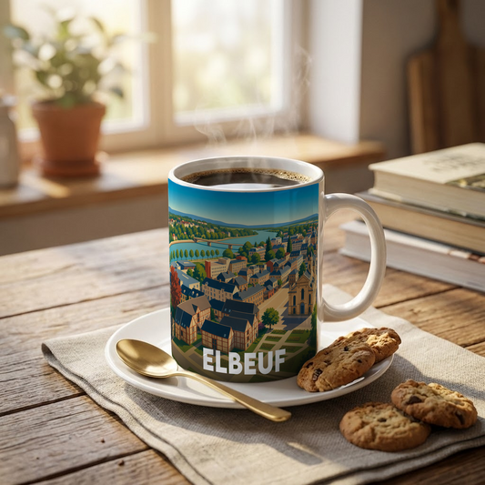 Mug souvenir de la ville d'Elbeuf avec une illustration stylisée.