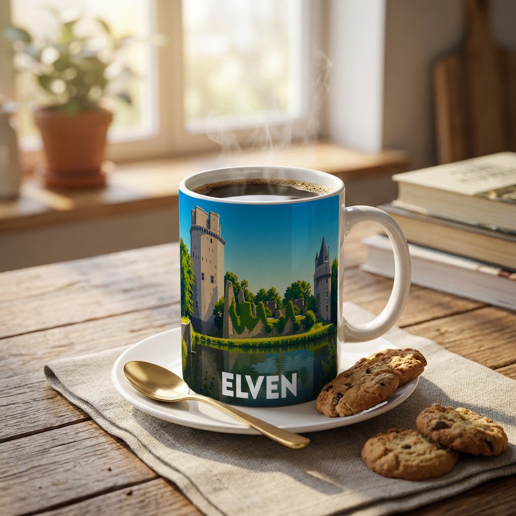 Mug souvenir de la ville d'Elven avec une illustration stylisée d'un château au bord de l'eau.