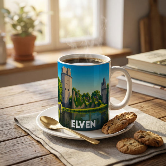 Mug souvenir de la ville d'Elven avec une illustration stylisée d'un château au bord de l'eau.