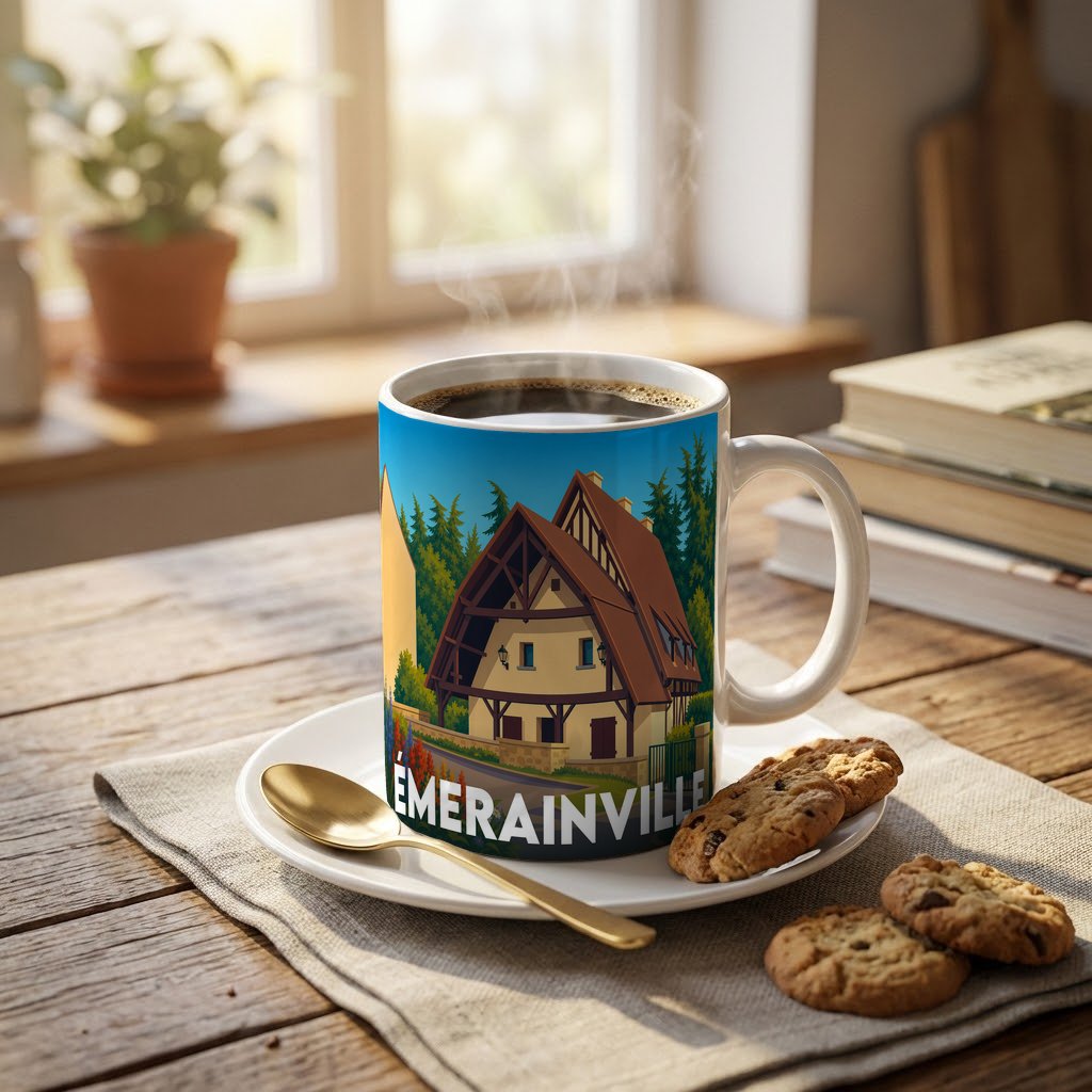 Mug souvenir de la ville d'Émerainville avec une illustration stylisée de maison à colombages.