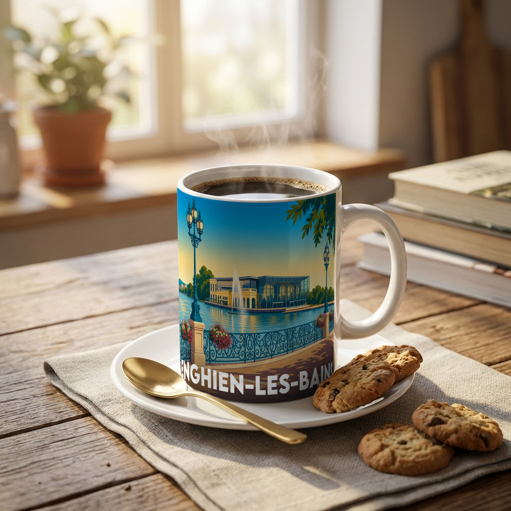 Mug souvenir de la ville d'Enghien-les-Bains avec une illustration stylisée.