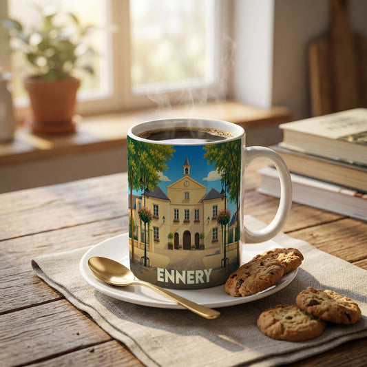 Mug souvenir de la ville d'Ennery avec une illustration stylisée de son hôtel de ville.