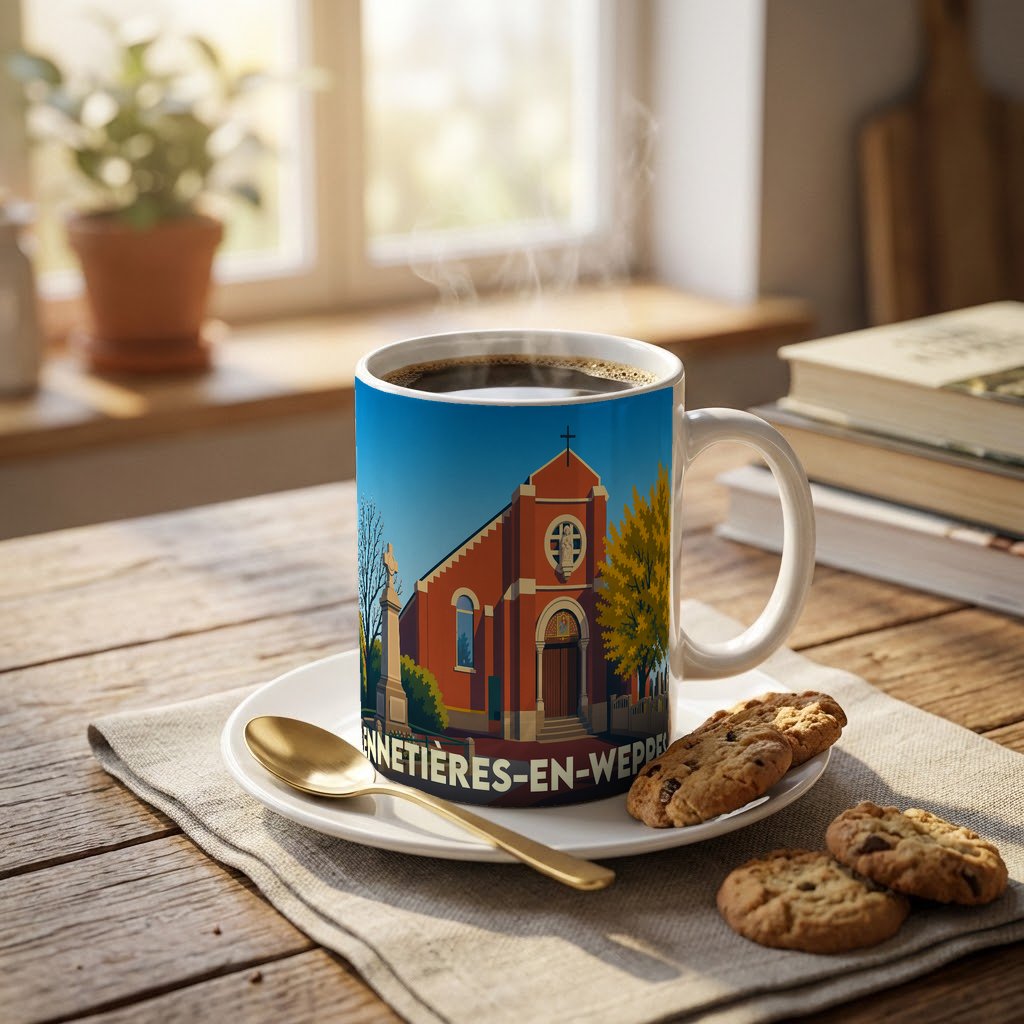 Mug souvenir de la ville d'Ennetières-en-Weppes illustré d'un dessin stylisé de son église.