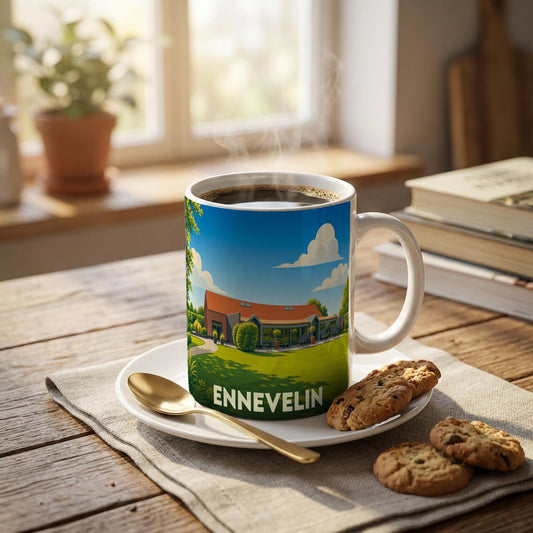 Mug souvenir de la ville d'Ennevelin avec une illustration stylisée d'un bâtiment sous un ciel bleu.