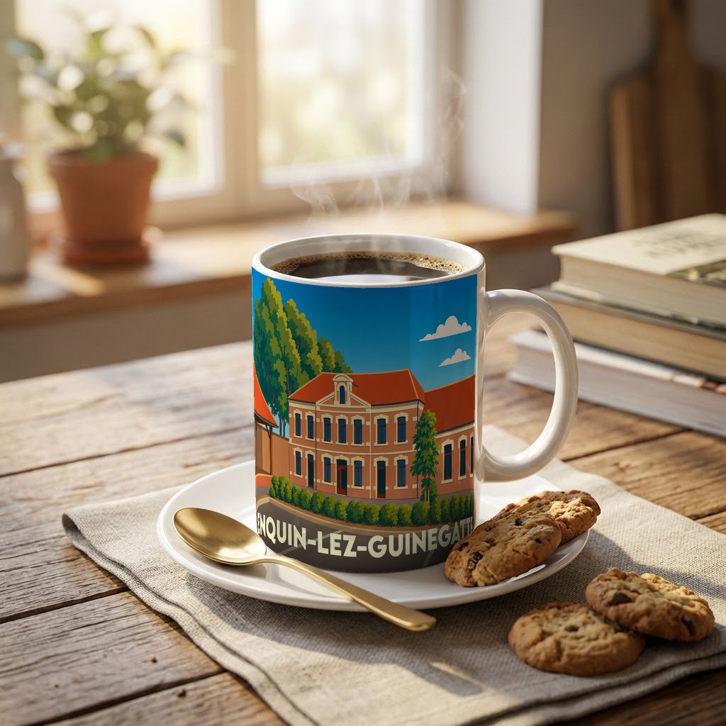 Mug souvenir de la ville d'Enquin-lez-Guinegatte avec une illustration stylisée d'un bâtiment historique.