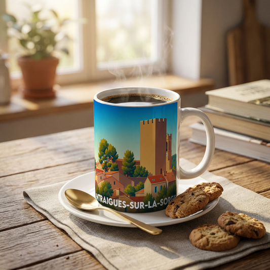 Mug souvenir de la ville d'Entraigues-sur-la-Sorgue avec une illustration stylisée.