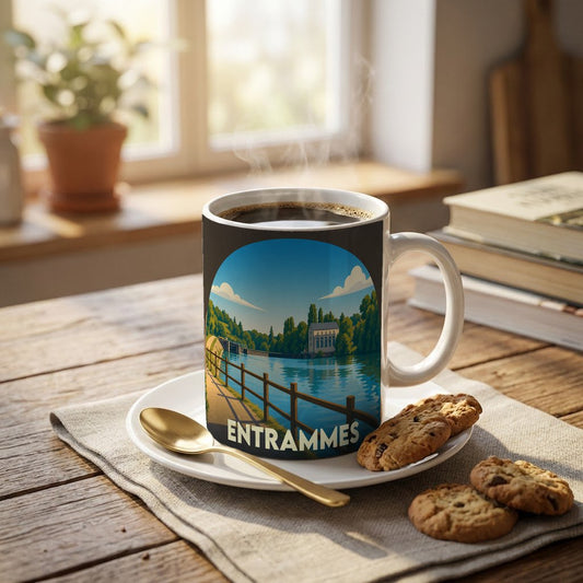 Mug souvenir de la ville d'Entrammes orné d'une illustration stylisée représentant un paysage fluvial.