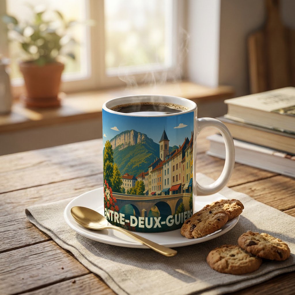 Mug souvenir de la ville d'Entre-deux-Guiers avec une illustration stylisée d'un paysage montagneux et de son architecture.