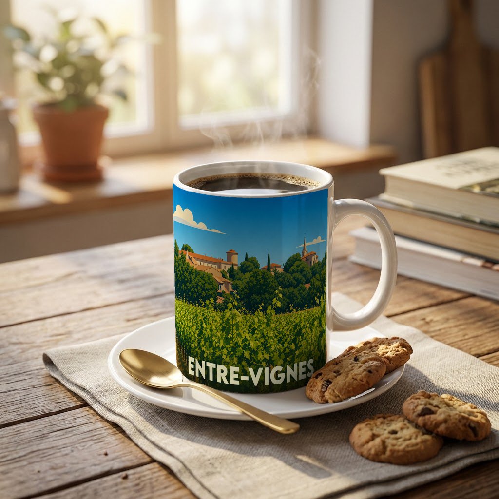 Mug souvenir de la ville de Entre-Vignes orné d'une illustration stylisée de vignobles et de son village.