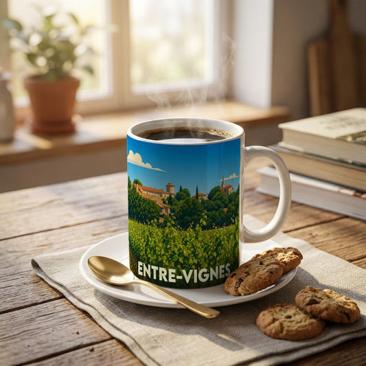 Mug souvenir de la ville de Entre-Vignes orné d'une illustration stylisée de vignobles et de son village.
