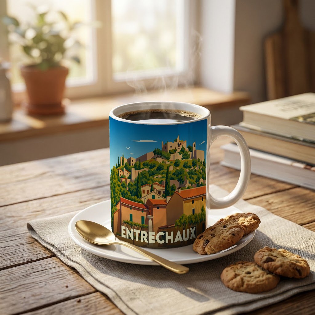 Mug souvenir de la ville d'Entrechaux orné d'une illustration stylisée du village et de son château.