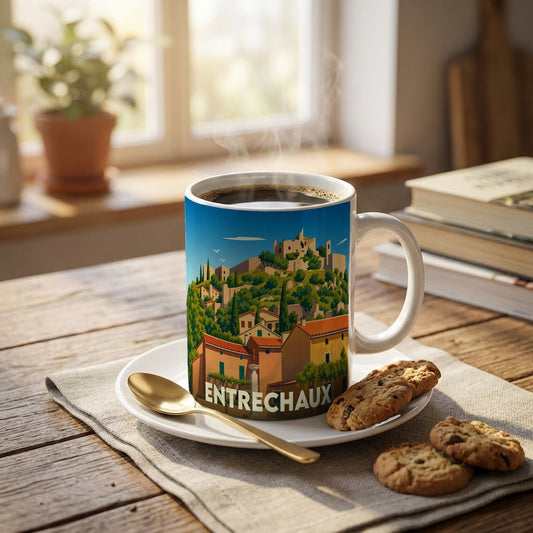 Mug souvenir de la ville d'Entrechaux orné d'une illustration stylisée du village et de son château.