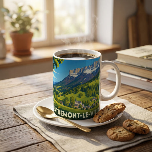 Mug souvenir de la ville de Entremont-le-Vieux illustré d'un paysage de montagne verdoyant.