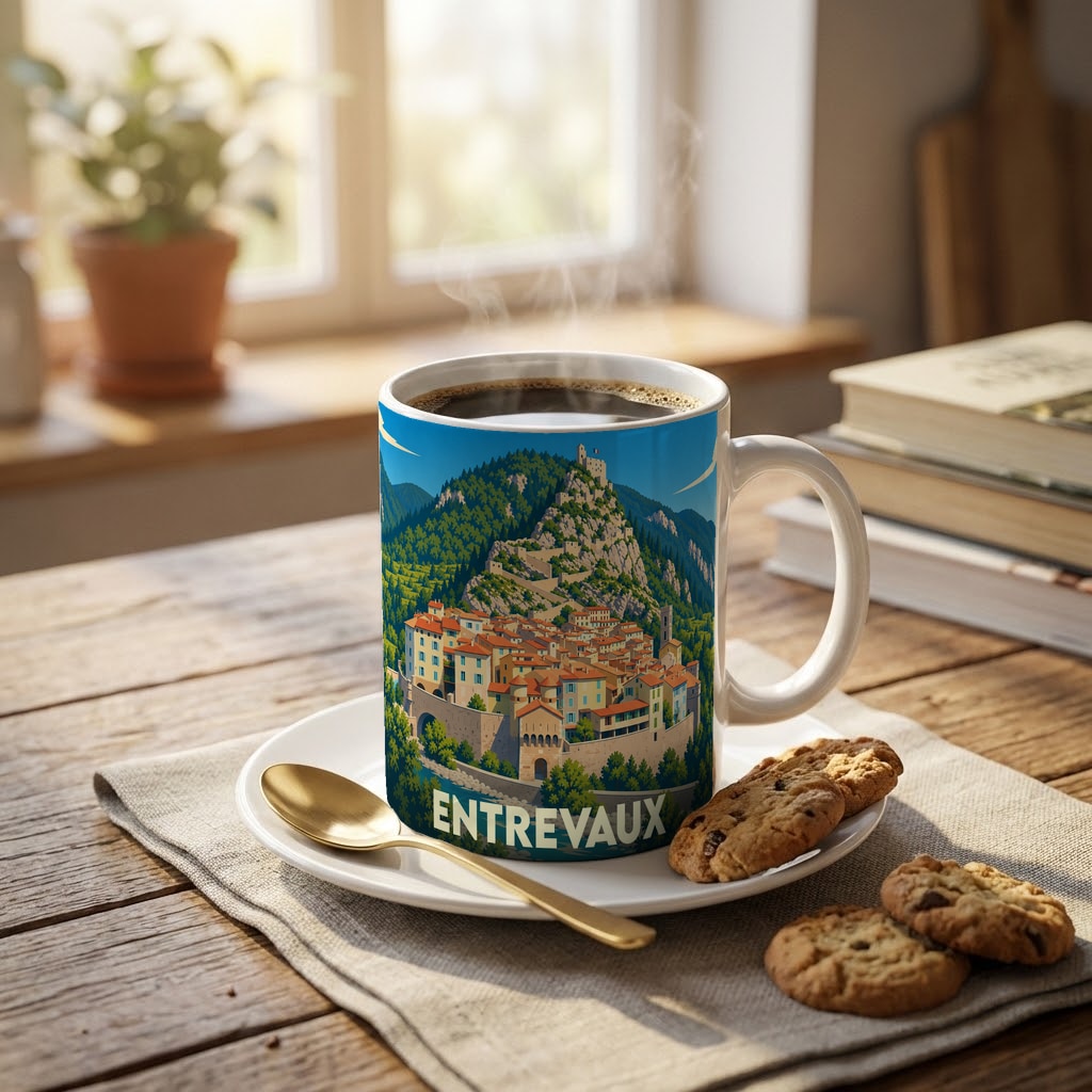 Mug souvenir de la ville d'Entrevaux illustré d'un paysage stylisé de sa cité médiévale et de sa citadelle.