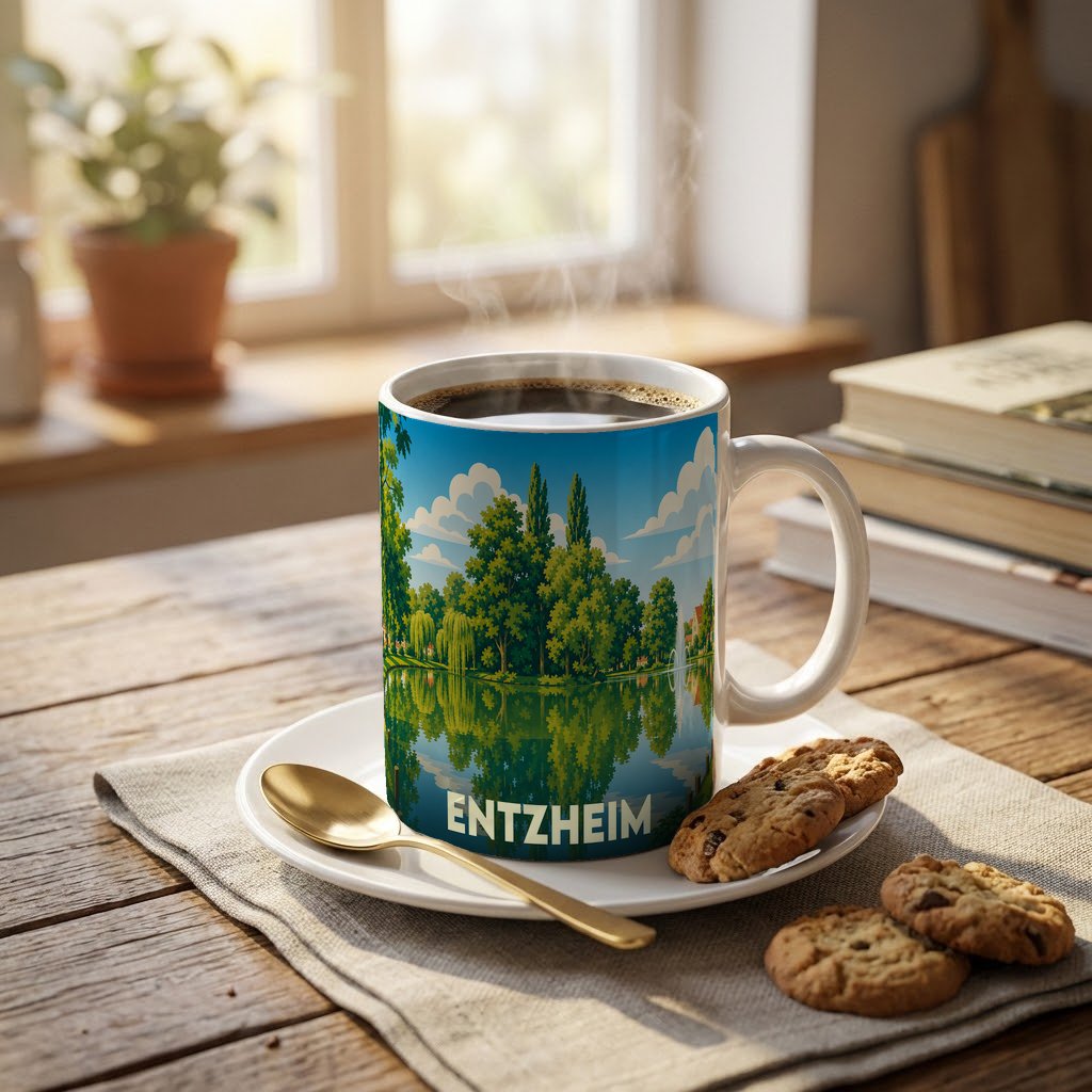 Mug souvenir de la ville d'Entzheim avec une illustration stylisée d'un paysage verdoyant au bord de l'eau.