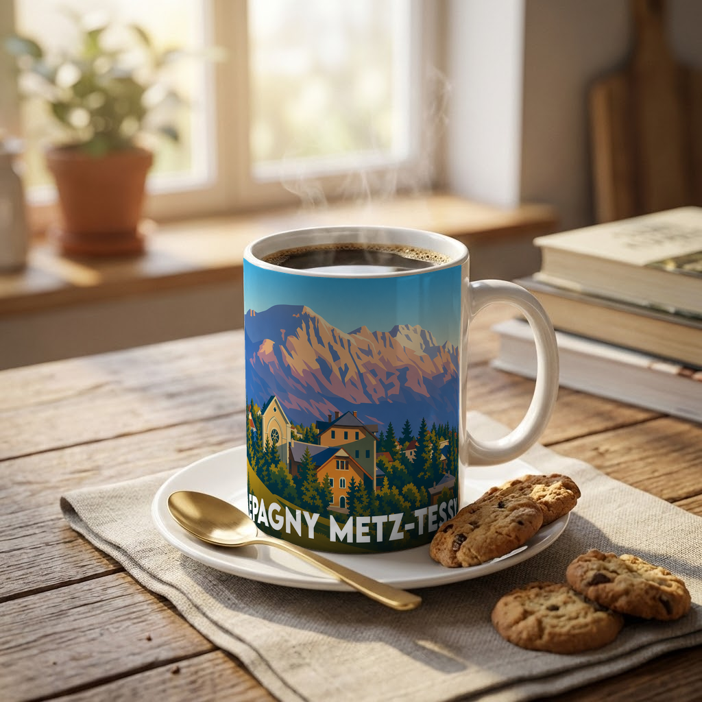 Mug souvenir de la ville d'Epagny Metz-Tessy illustré par un paysage de montagne stylisé.