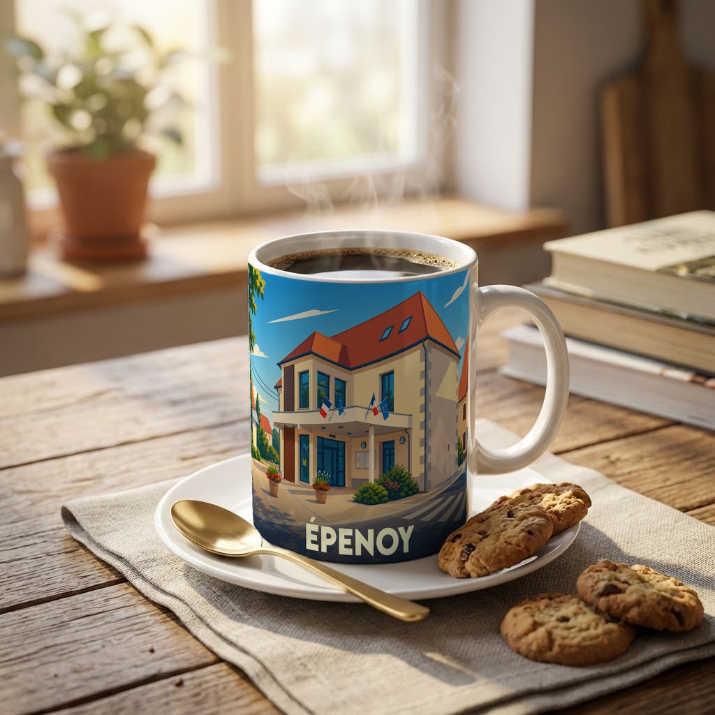 Mug souvenir de la ville d'Épenoy avec une illustration stylisée d'un bâtiment local.