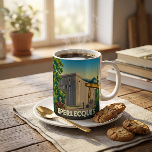 Mug souvenir de la ville de Éperlecques avec une illustration stylisée d'un blockhaus et d'un missile.