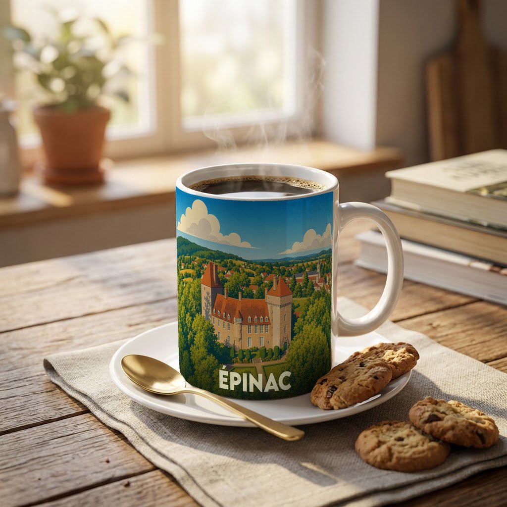 Mug souvenir de la ville d'Épinac orné d'une illustration stylisée de son château et de ses paysages.