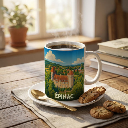 Mug souvenir de la ville d'Épinac orné d'une illustration stylisée de son château et de ses paysages.