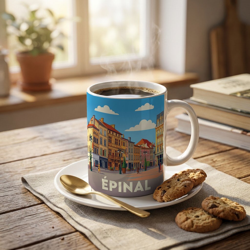 Mug souvenir de la ville d'Épinal avec une illustration stylisée.