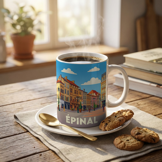 Mug souvenir de la ville d'Épinal avec une illustration stylisée.