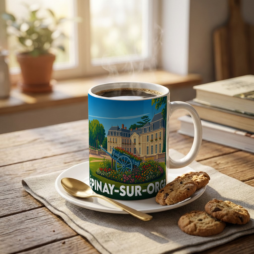 Mug souvenir de la ville d'Épinay-sur-Orge avec une illustration stylisée de son château et d'une charrette fleurie.